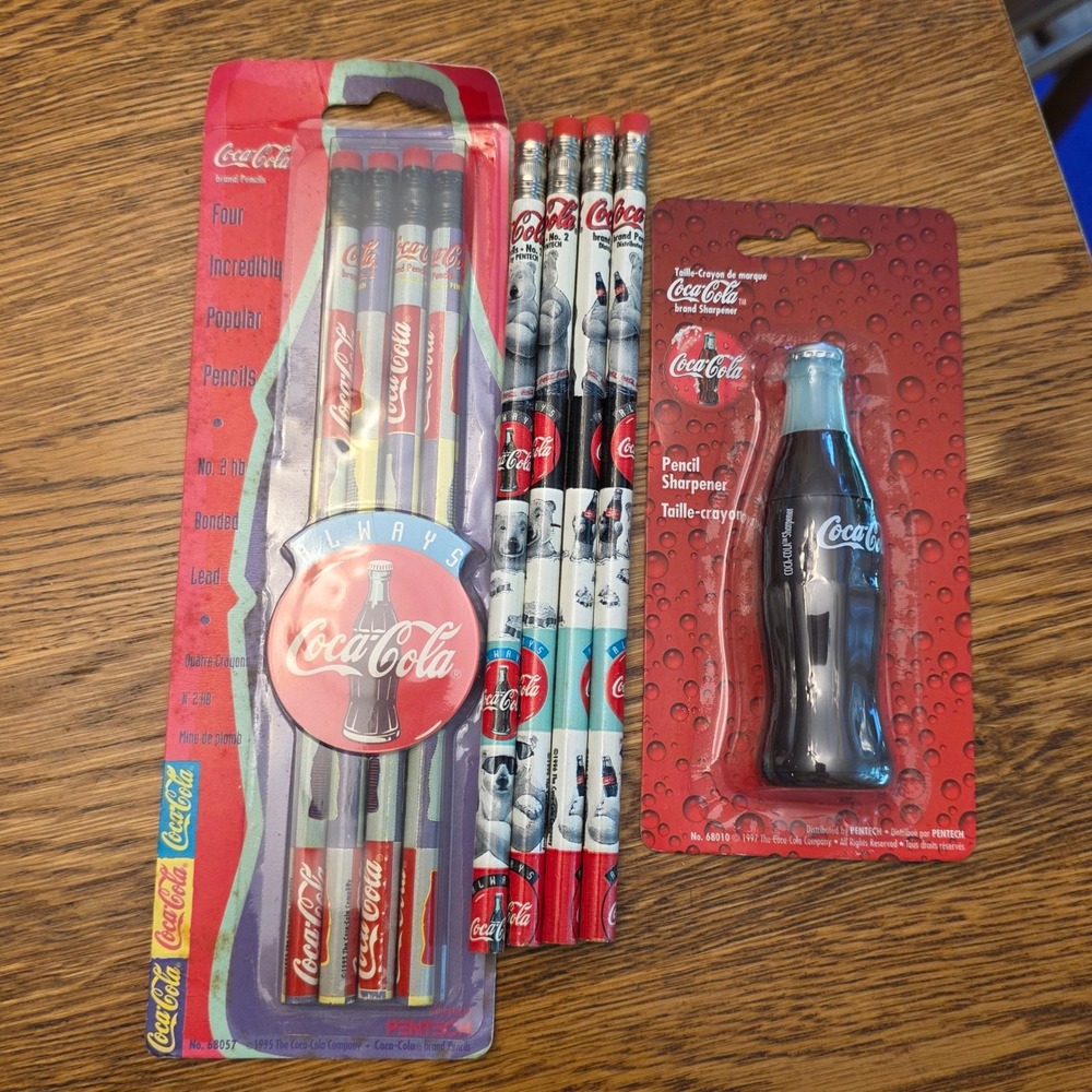 Vintage Coca-Cola Pencil Sharpener & Pentech Pencils Set 1990s Polar Bear Coke